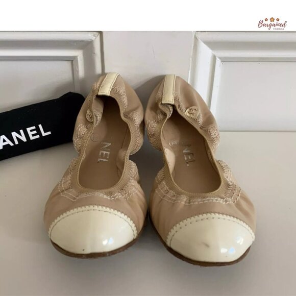 Authentic CHANEL Taupe Leather White Patent Leather Cap Toe Ballet Flats 7.5 - Picture 6 of 14